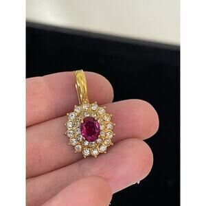 Vintage Roman Signed Faux Red Sapphire & CZ Gold Tone Pendant
